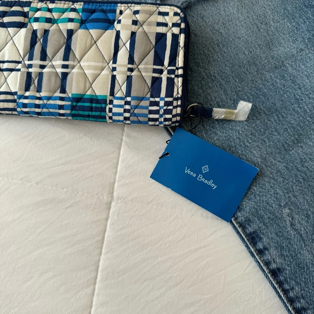 Vera Bradley Full Zip Wallet Blue Gray Teal Plaid Check Brand‎ New